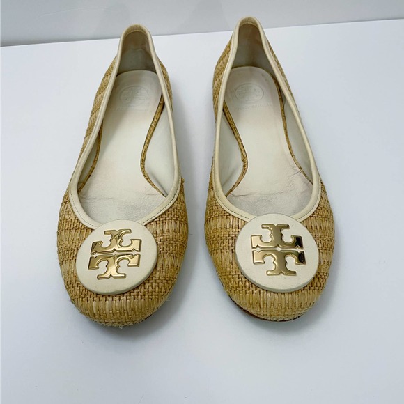 Tory Burch Reva Raffia Ballet Flats 10 Straw Cream Leather - Picture 2 of 10
